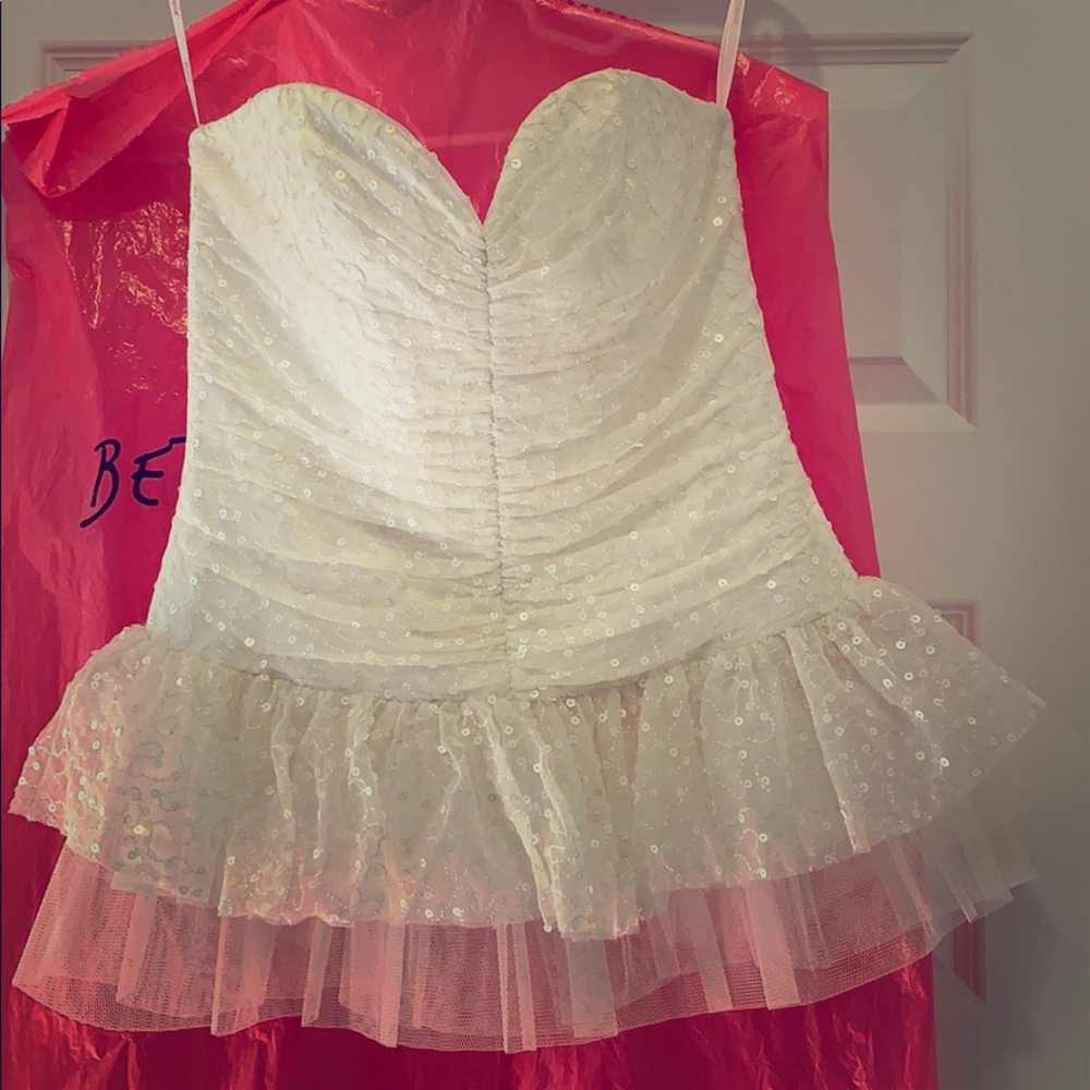 Betsey Johnson White Sequin Strapless Peplum Top
